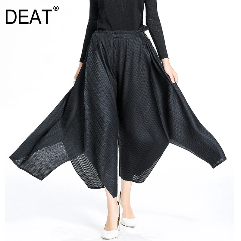 

[DEAT] 2019 Summer New Patter Streetwear Style Fashion Twill Pleat Mid Waist Solid Color Calf-length Women Wide Leg Pants AI191