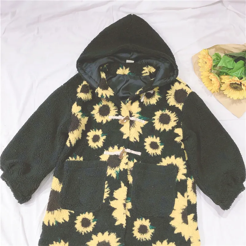 Winter Retro Lamb Wool Coat female Small fresh Soft sister Loose Wild Cute Sunflower Jacquard Girls Long Sleeve Cotton Jacket
