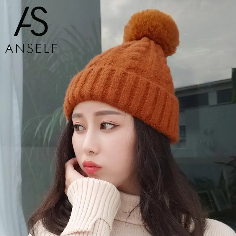 

2019 Winter Cap Solid Color Wool Blends Crochet Pattern Pom-pom Top Ribbed Casual Warm Beanies Unisex Funny Women Knitted Hat