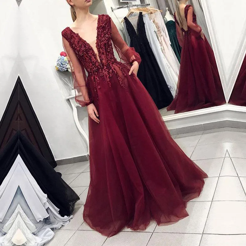 Vestido De Fiesta De Noche элегантное кружевное вечернее платье трапециевидной формы с длинными рукавами на заказ, Тюлевое платье для выпускного вечера с v-образным вырезом, Robe De Soiree