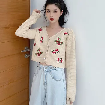 

Women V Neck Loose Sweater Flower Embroidery Knit Cardigans Elegaht Print Short Casual Coat
