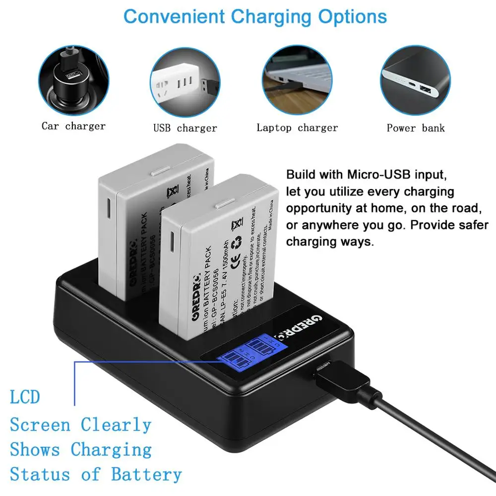 GREPRO 1500 мАч LPE5 LP-E5 LP E5 цифровой аккумулятор+ ЖК USB двойное зарядное устройство для Canon 1000D 500D 450D Kiss X2 X3 F Rebel XSi Xli XS