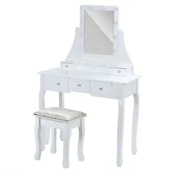 

(ship from germany) Women Dresser Dressing Table Mirror with 5 Drawers White LED Light Home Furniture