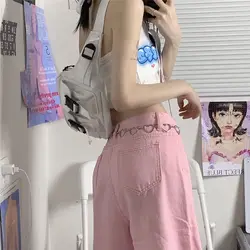 Fakuntn y2k baggy rosa calças de brim mulheres kawaii coreano moda oversize baixo aumento perna larga calças de brim streetwear calças soltas alt