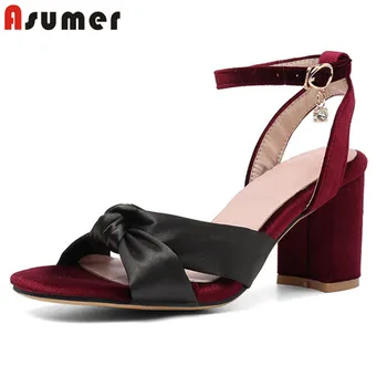 

ASUMER 2020 hot sale 7cm square high heels women sandals silk bowknot ankle buckle casual shoes fashion summer sandals ladies