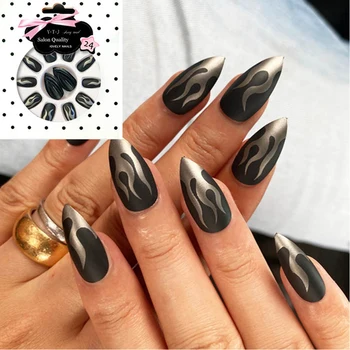 

24pc Flame Fake Nails Patch Matte Frosted Fire Pattern Artificial Designed Tip Head Wearable Fake Nails Girl Hand Decor withGlue