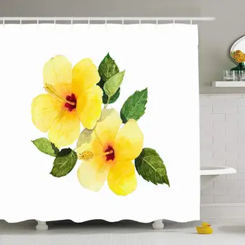 

Shower Curtain Set with Hooks 72x72 Botanical Stem Yellow Hibiscus Closeup Watercolor Macro Hawaiian On Close White Textures Red