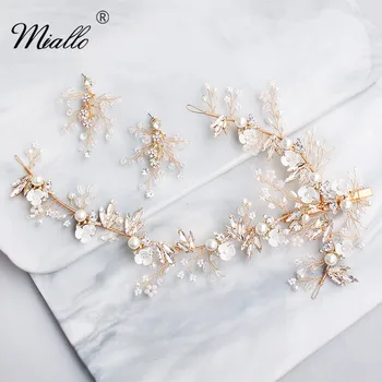 

Miallo 2019 Newest Austrian Crystal Pearls Flowers Bridal Hair Clips Wedding Headpieces with Earrings Hair Jewelry Accessories