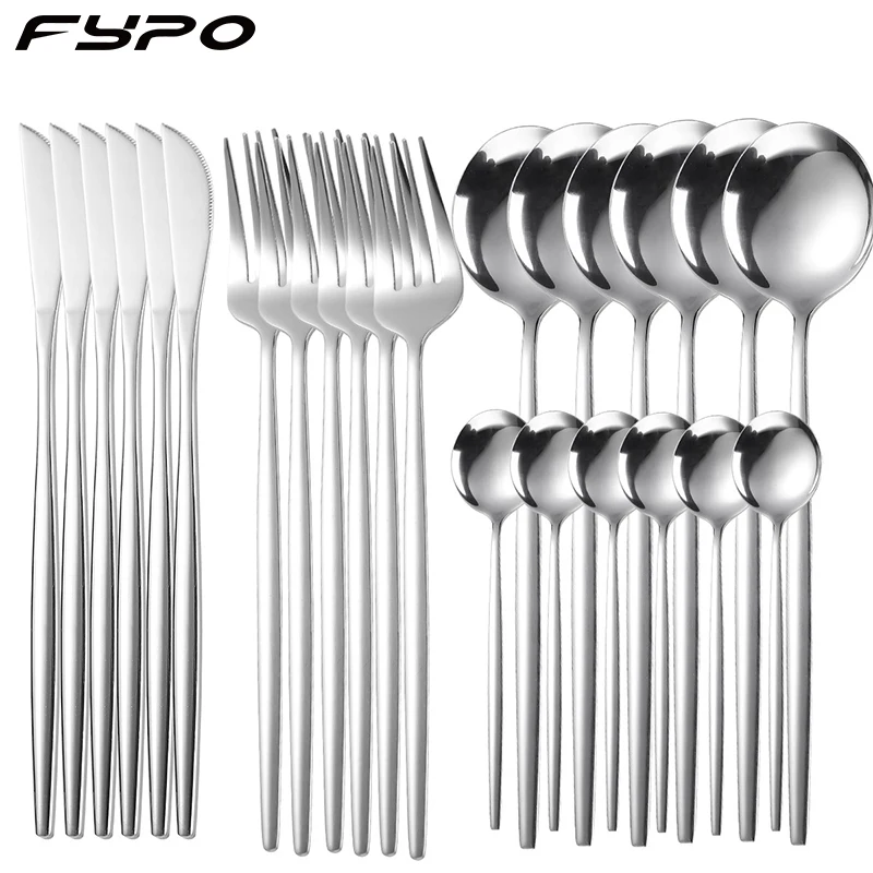 Fypo 24pcs Tableware Set Stainless Steel Cutlery Set Mirror Polished