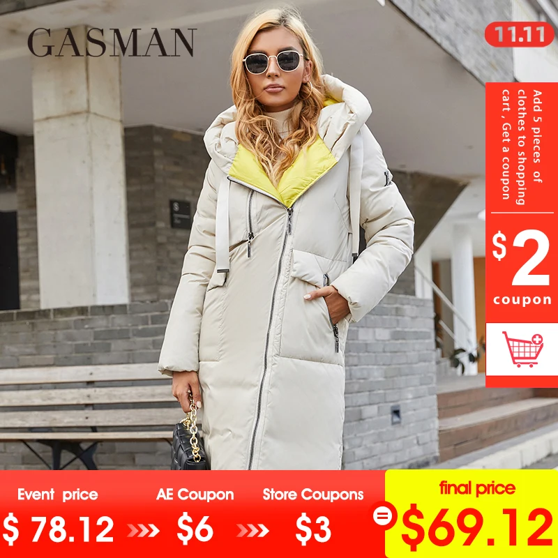 GASMAN 2021 New Womens down jacket Fashion high street Long Big pocket Women coat Contrast brand warm quilted coats parka 21339