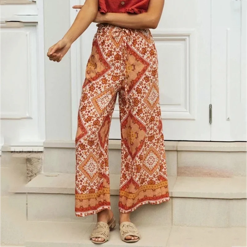 

Foridol Bohemian Wide Leg Pants Women High Waist Drawstring Beach Long Pants Trouser Floral Print Orange Holiday Cotton Pants
