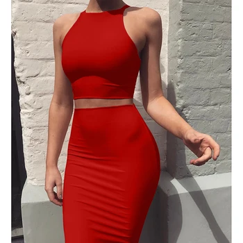 

Basic Vest Skirt Set Women High Stretch Sexy Vest Tops Summer 2020 Solid Brief Casual Skirt Bodycon Pencil Midi Skirt