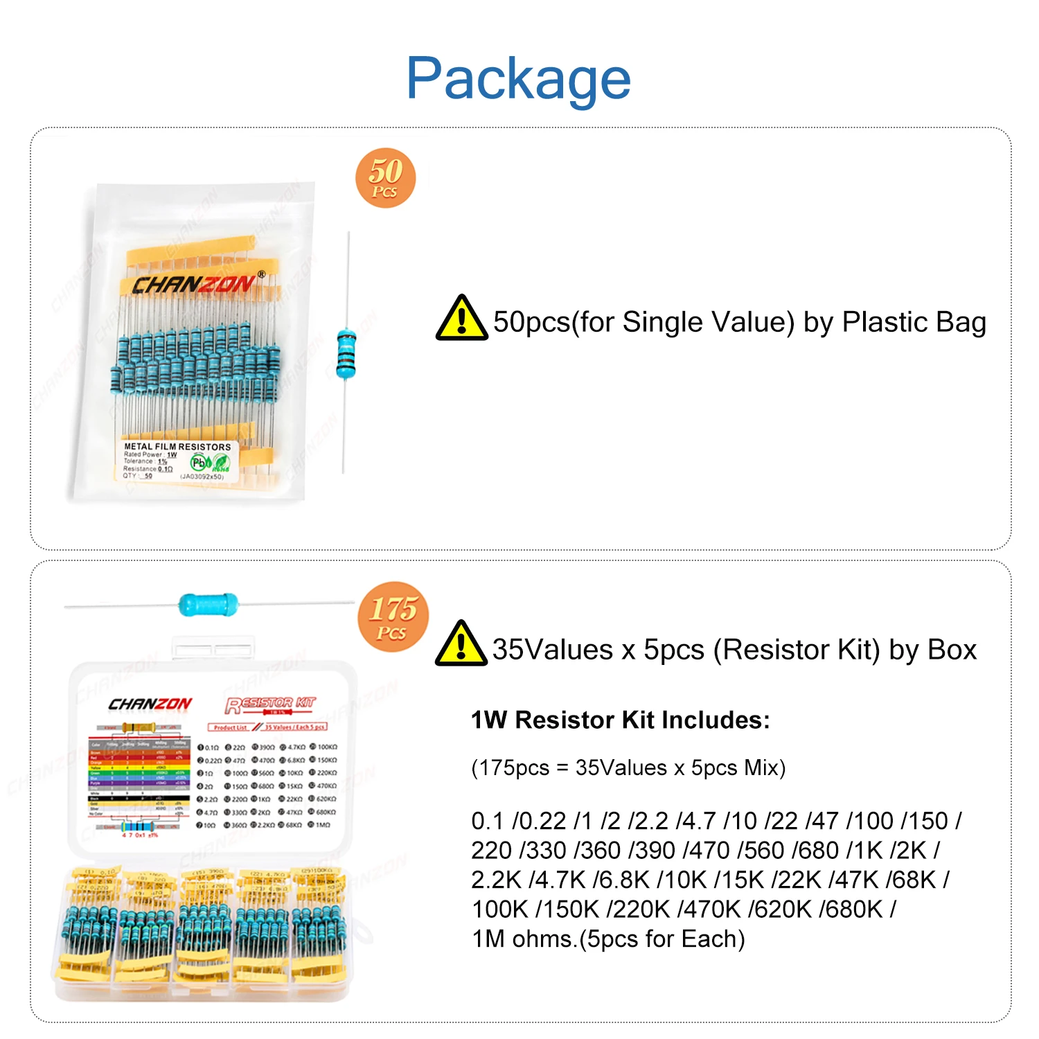 1W 1% High Precision Metal Film Resistor Kit 0.1 2 4.7 10 47 100 470 1K 4.7K 22K 47K 68K 1M Ohm 1 Watt Resistance Assortment Set