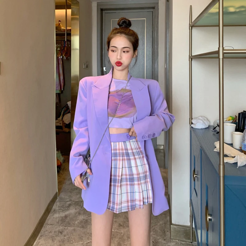 

Ladies Casual Sets Summer 2019 New Cropped Crop Top + Fashion Loose Single Button Blazer Feminino + Plaid Mini Skirt 3 Piece Set