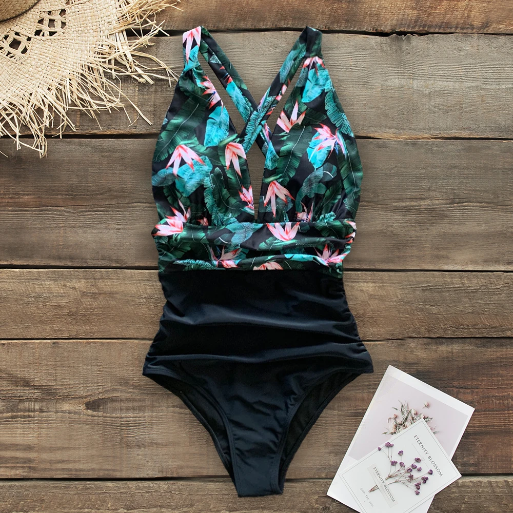 Green In The Forest One-piece Swimsuit Women Deep V neck Back Cutout Ruffle Monokini Summer Bathing Suit Swimwear Monokini