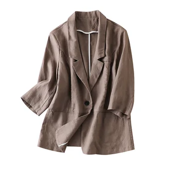 

2020 Summer Thin Linen Blazers Women with Pockets Solid Turn-down Collar Casual Single Button Thin Outwear Tops
