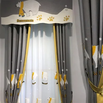 

Cartoon Towel Embroidered Children's Room Cotton and Linen Curtains Bedroom Shading Polar Bear Curtains for Boy's Room