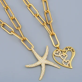 

LUALA Long Chain Heart Necklace For Women Gold Cuban Link Big Starfish Pendant Necklaces Zircon Fashion Punk Jewelry Gift