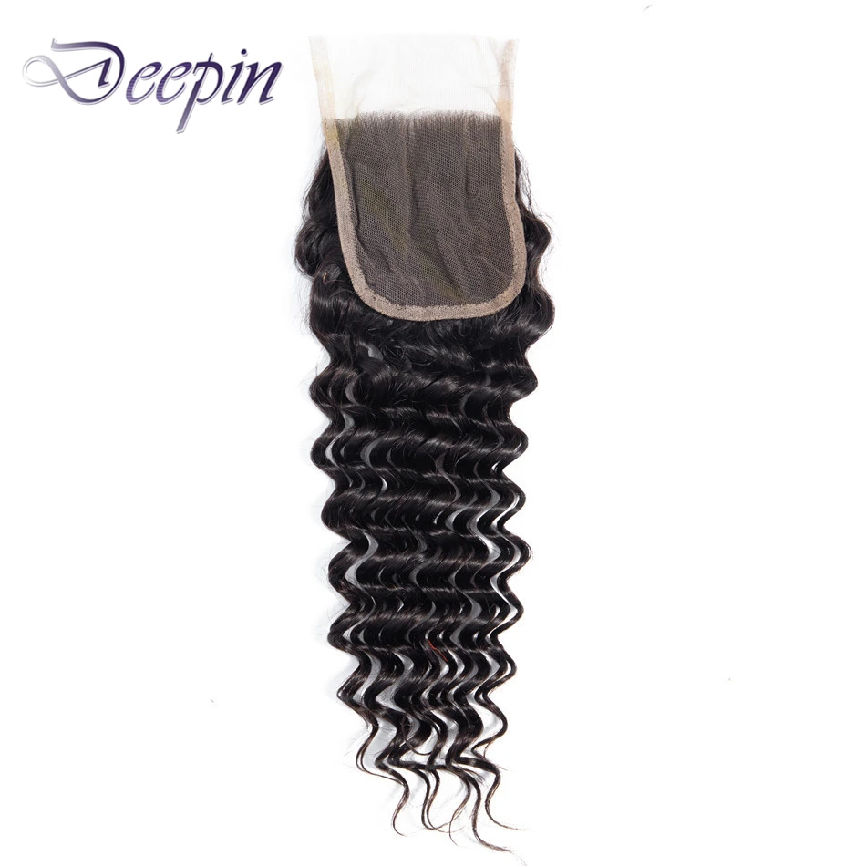 Deepin Hair Deep Wave Closure 4*4 Lace Closure Free/Middle/Three Part Non-Remy Peruvian Human Hair 8-20 Inches Natural Color