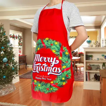 

Christmas Tree Deer Snowman Cartoon Print Christmas Apron Big Pocket Kitchen Baking Aprons Household Cleaning Tools
