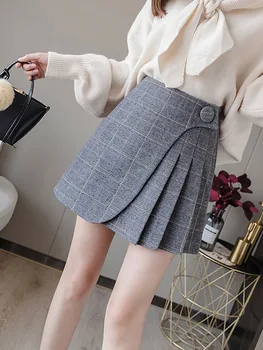 

2019 Autumn Winter Fashion Women Fashion Korea Style Plaid Skirt Sweet High Waist A-Line Wool Female Vintage Assymetric Skirt