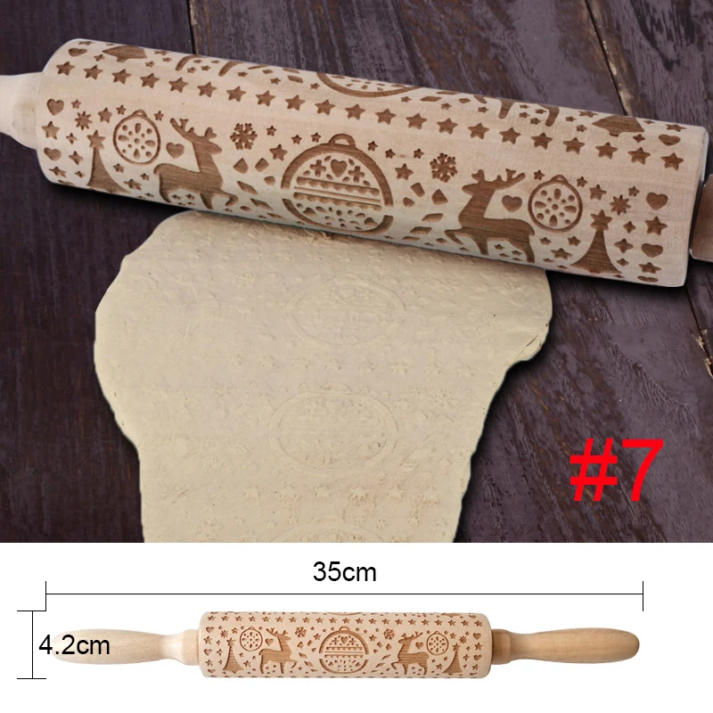 Creative Baking Christmas DIY Kitchen Tool Cookies Embossing Rolling Pin Wooden Wood Embossed Stick Roller Party