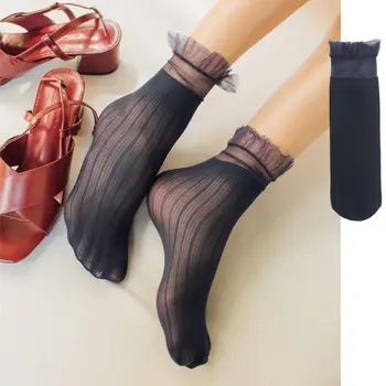 

Women Girls Harajuku Velvet Thin Long Crew Socks Solid Color Ruffles Lace Trim Ribbed Knitted Semi Sheer Elastic Cuff Hosiery