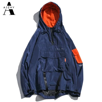 

Fashion Half Zipper Pullover Jacket Men Autumn Hip Hop Hooded Jacket Front Pocket Casual Windbreaker Hoodie Streetwear Harajuku