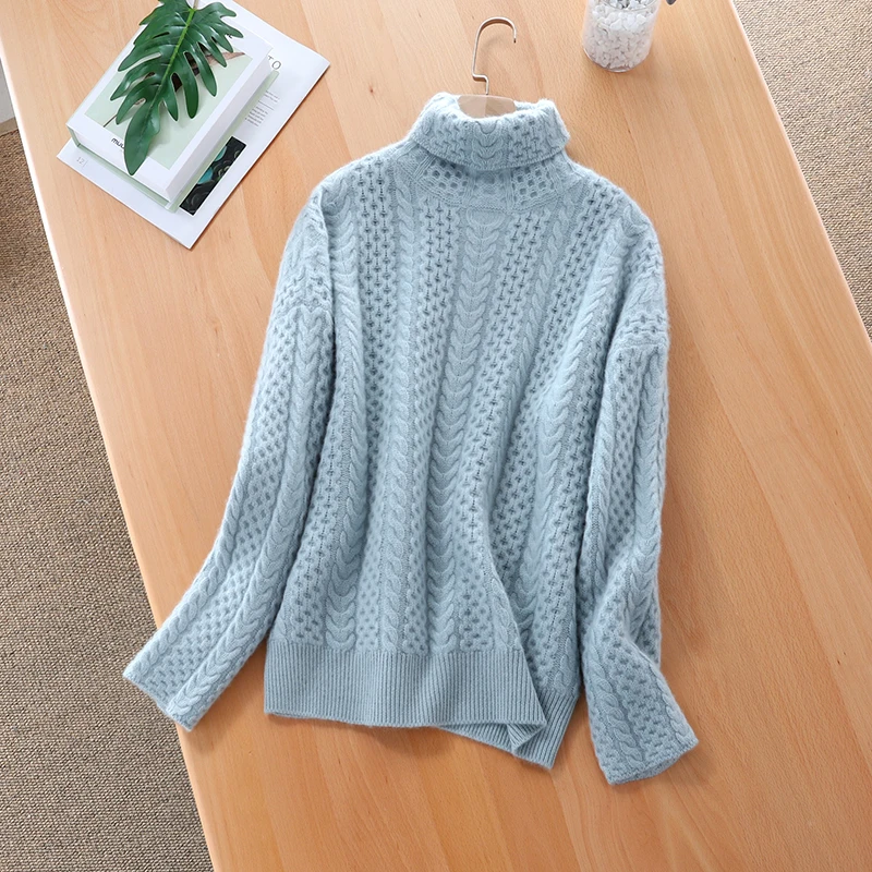 

Autumn and winter New thickening 100% woolen sweater twist high collar pullover knit twisted loose sweater female lazy wind