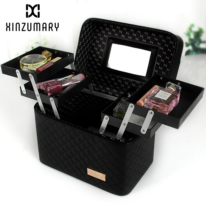 

Women Large Capacity Professional Makeup Organizer Fashion Toiletry Cosmetic Bag Multilayer Storage Box Portable Pretty Suitcase