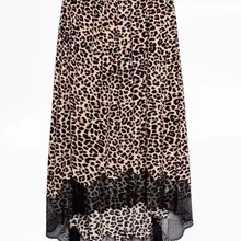 Леопардовая расцветка, асимметричная Hemline, кружевная отделка, юбка миди, эластичная талия, модные женские юбки, новинка