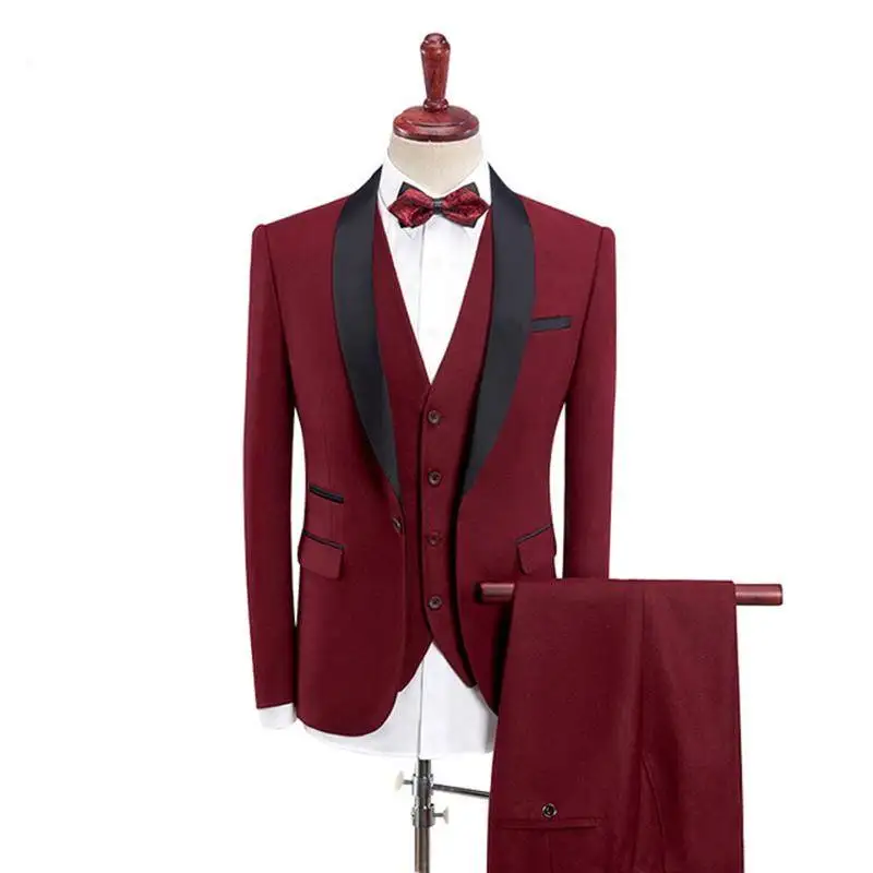 Real Photo Burgundy Groom Tuxedos Men Business Suits Party Prom Blazer Coats Waistcoat Trousers Sets NO:210