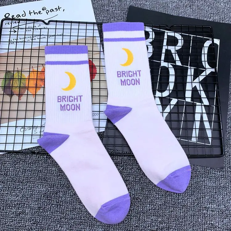 Pink Bright Moon Простые хлопковые носки до середины икры для взрослых; яркие носки с полумесяцем; цвет розовый, фиолетовый, белый, черный; повседневная мужская одежда - Цвет: Pink Bright Moon