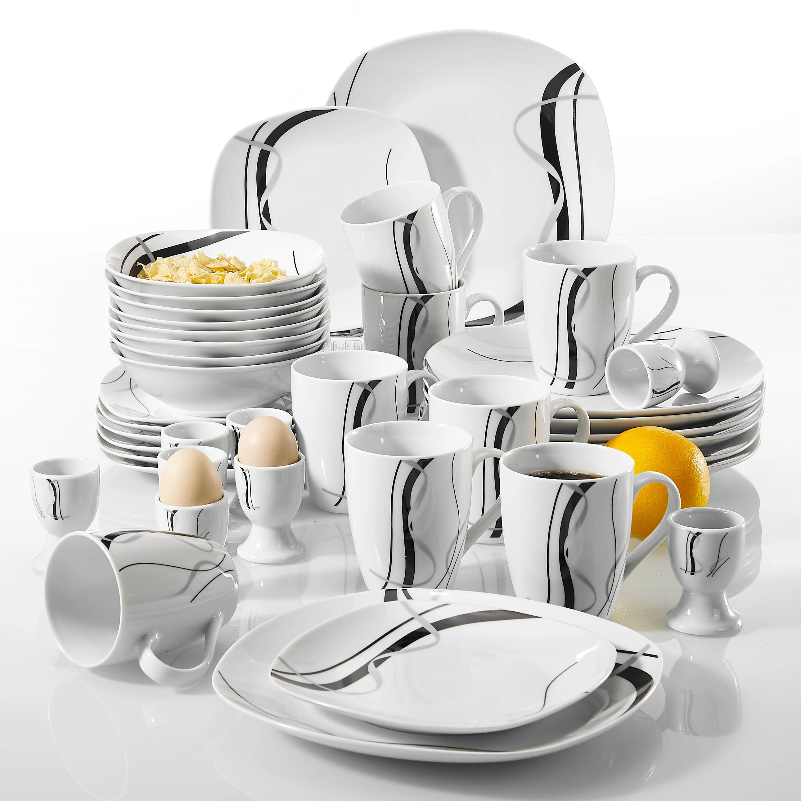 Veweet Fiona 40 Piece Black Stripe Porcelain Dinner Kitchen Plate Combi Set With Egg Cup Mug Bowl Dessert Plate Dinner Plate Dinnerware Sets Aliexpress