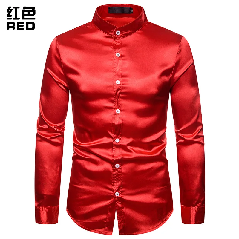 Красная шелковая атласная рубашка для мужчин Camisa Social Masculina, новинка, приталенная рубашка с длинными рукавами, мужские вечерние смокинговые рубашки XXL - Цвет: red