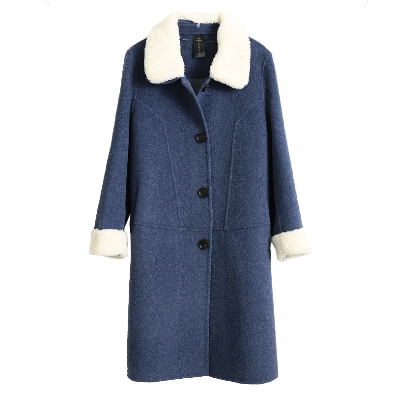 Женское пальто, зимнее Новое двухстороннее пальто из чистого кашемира, Свободное пальто с длинными рукавами и отворотами, цветное плотное шерстяное пальто