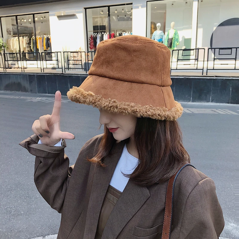 Winter Faxu Lambswool Bucket Hat For Women Thick Warm Flat Top Suede Fisherman's hat Panama Hat Girls Ear Protection Cap 11.11