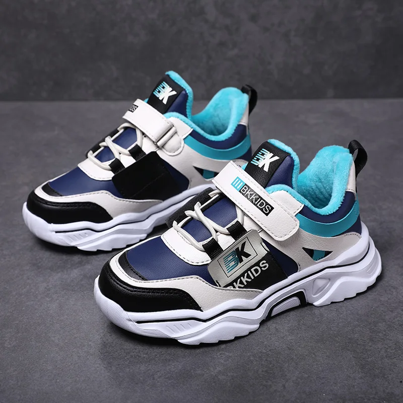 

Autumn/Winter Big Children School Sport Shoes Plus Velvet Pu Leather child Shoes for Boy Dark Gray Kids Running Shoes Brand Shoe