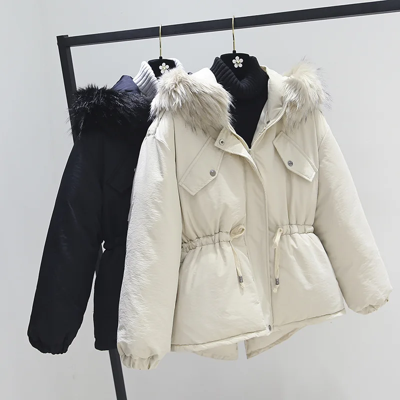 

Korean-style WOMEN'S Wear 2019 Autumn & Winter New Style Fur Collar Drawstring Waist Hugging Hooded Cotton Overcoat Women's