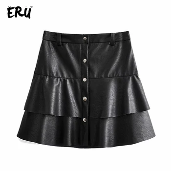 

ERU black casual faux leather mini skirts women winter high waist button ruffles ladies ol black A line short skirts female