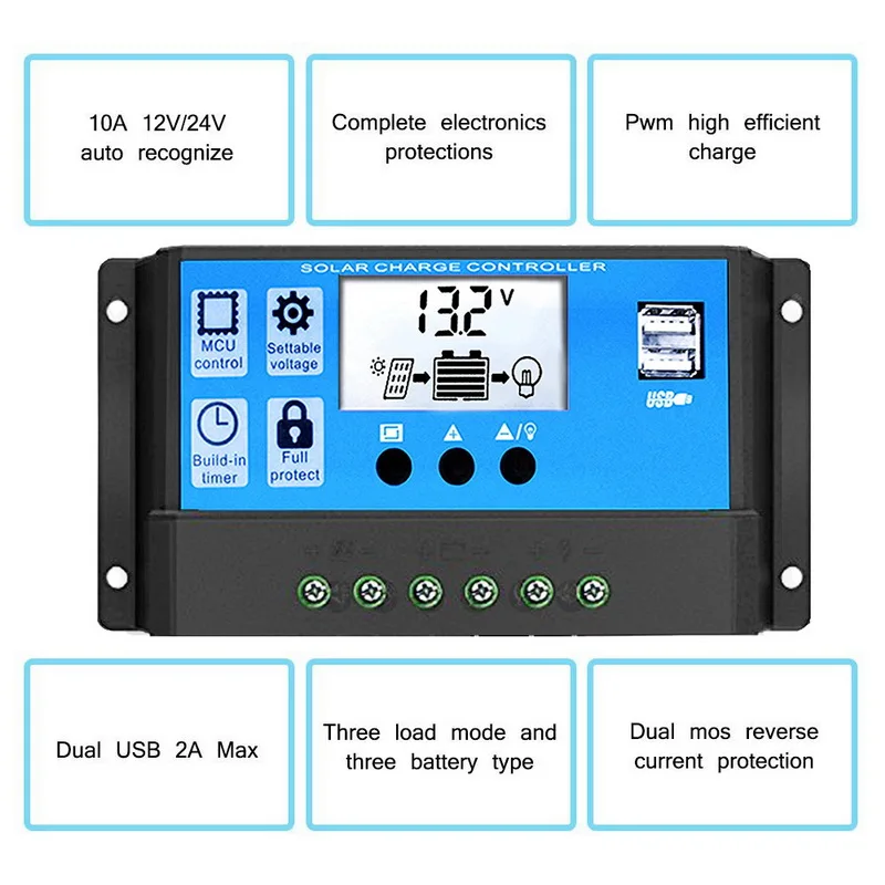 10A 20A 30A 40A 50A 60A за максимальной точкой мощности, Солнечный Контроллер заряда 12V 24V режимы Auto, PWM 5V Выход регулятор фотоэлектрических домашних Батарея Зарядное устройство ЖК-дисплей с двумя портами USB