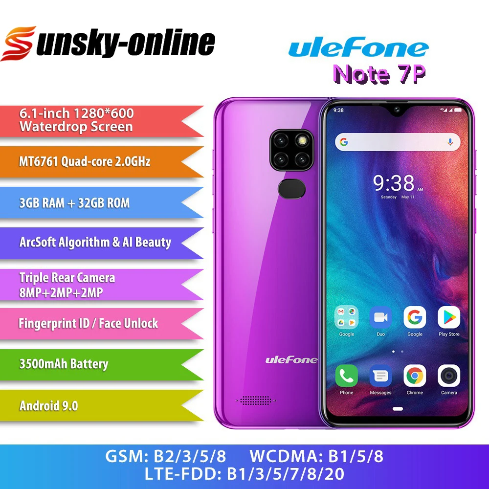Ulefone Note 7P Smartphone Android 9.0 Dual 4G 6.1'inch MT6761VWB 5MP+8MP+2MP+2MP 3GB+32GB 3500mAh Fingerprint Mobile Phone
