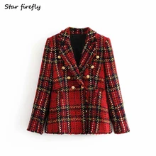 Звездный Светлячок модный Za костюм женский осенний Повседневный тонкий Красный Клетчатый двубортный шерстяной Блейзер Женский