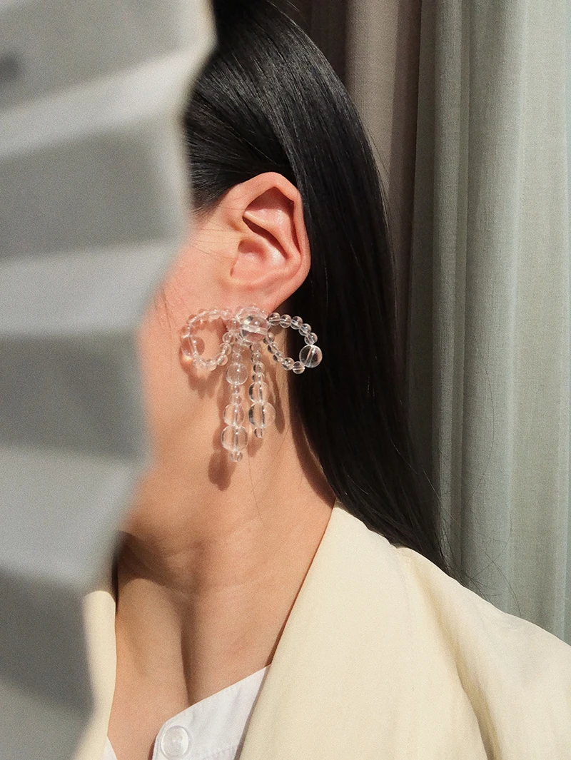 HUANZHI 2021 New Handmade Transparent Acrylic Beaded Bowknot Clear Crystal Stud Earrings for Women Girls Party Jewelry Gifts | Украшения и
