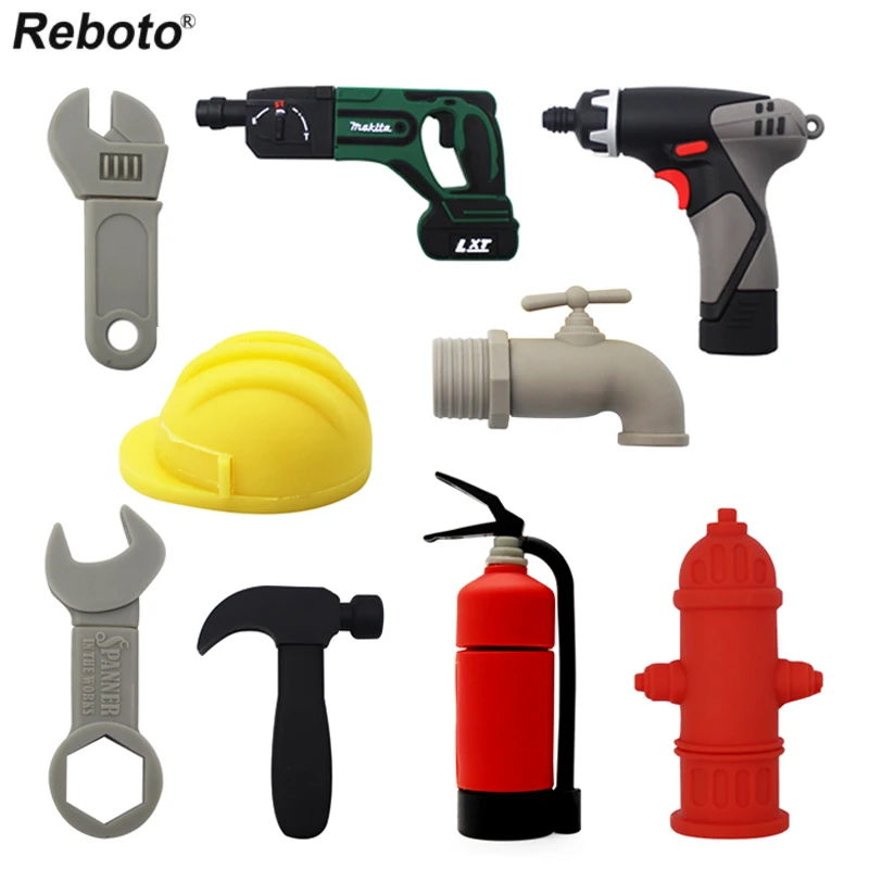 Herramienta de Hardware de dibujos animados, unidad Flash USB, 64GB, llave de martillo, llave Hydrant, taladro eléctrico, Pen Drive