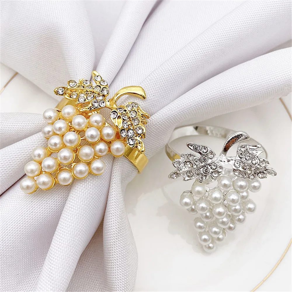 6pcs Grapes Napkin Rings Set With Glittering Fake Diamond Pearls Alloy Napkin Ring Holder For Parties Holiday Daily