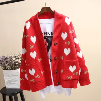 

2020 Women Sweaters&Jumpers Casual Cardigan Woolen Knit Clothing Autumn Winter Loose Sweet Coat Women Heart Pocket Sweater