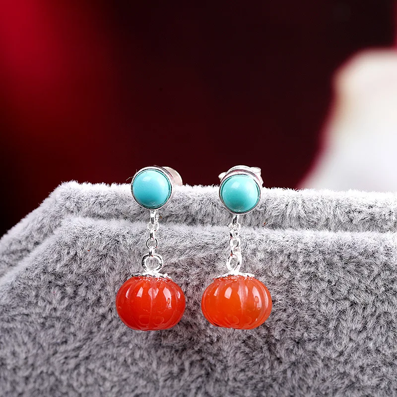 

Eardrop S925 Pure Silver Web Celebrity Style Earrings South Red Small Pumpkin Fine Earrings Accessories Earrings