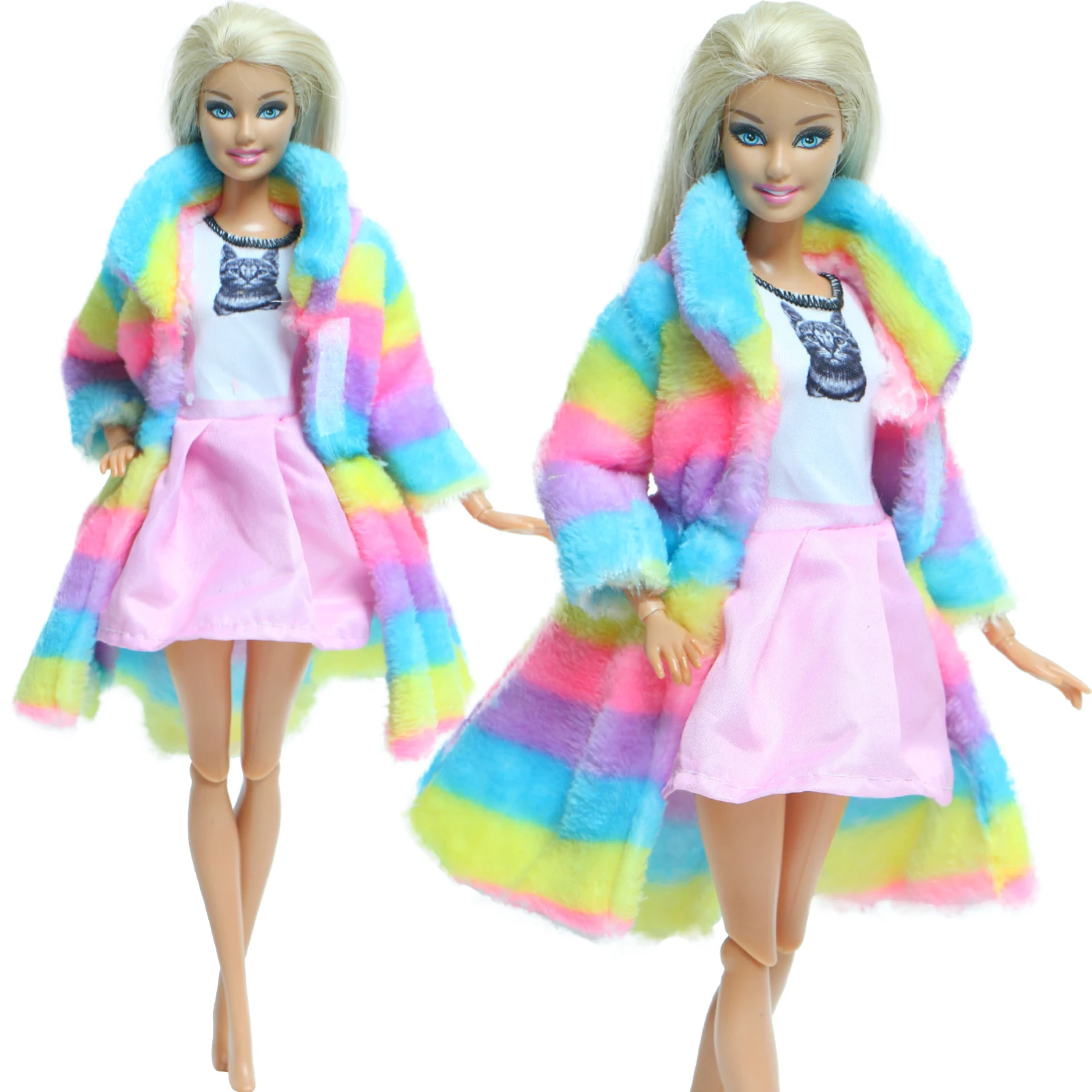 Handmade Doll Dress for Barbie Doll Colorful Fur Coat Pink Cute Cat Mini Gown Skirt Daily Outfit Clothes Kids Toy Accessories