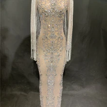 Женское длинное Сетчатое платье с блестящими кристаллами, платья для вечеринок, стразы, платья для дня рождения, праздничный костюм, платье с бахромой